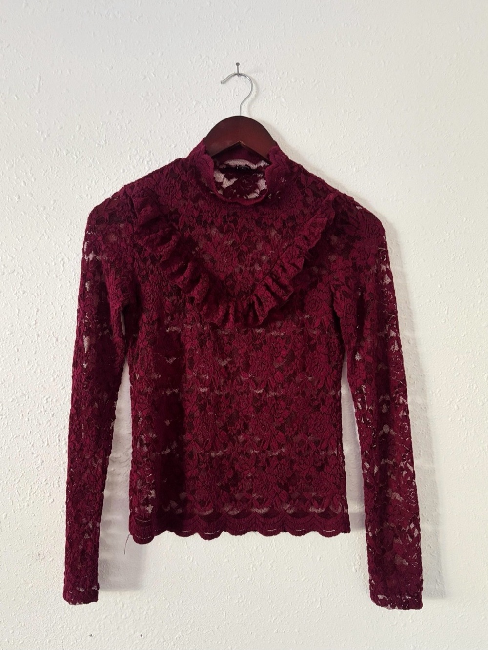 Ambiance Burgundy Lace Ruffle Mock Neck Blouse